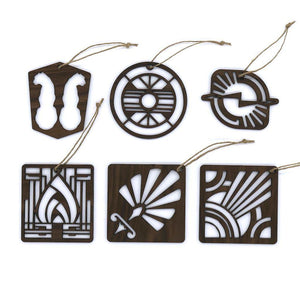 Our Hello Deco Ornament Collection contains classic silhouettes reminiscent of the Art Deco movement of the 1920s and 1930s. These laser cut Walnut Christmas ornaments are both beautiful for your own decorations and great gifts for family or friends.