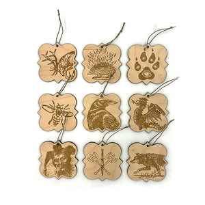 Our complete set of 9 of the Realm of the Elderlings birch hanging ornaments. Laser etched with fanart images from the Robin Hobb Fantasy book series.