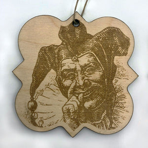 The Fool from our Realm of the Elderlings birch hanging ornaments. Laser etched with fanart images from the Robin Hobb Fantasy book series.